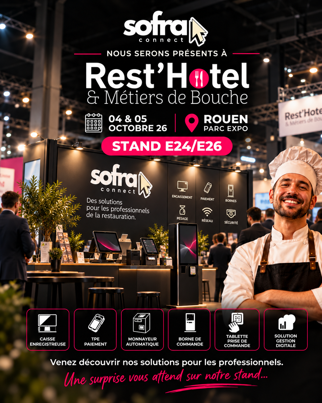 Affiche officielle SOFRA CONNECT pour le salon REST'HOTEL Rouen 2026 : nos solutions d'encaissement présentées sur le stand